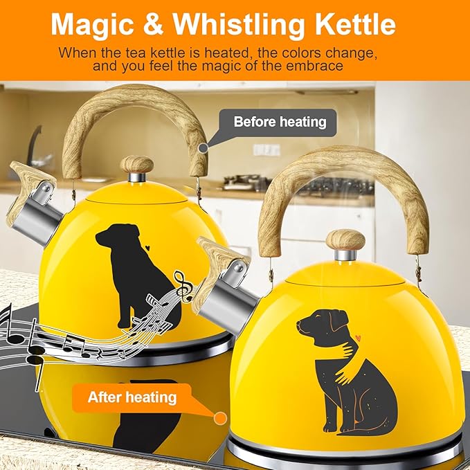 ARC Stainless Steel 2-Quart Whistling Yellow Tea Kettle with Magic Color Changing Design, Stovetop Teapot With Folding Cup & Trivet Mat