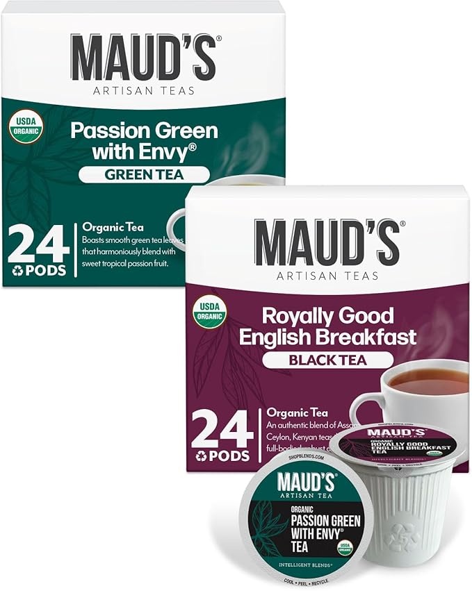 Maud's Organic Passion Green Tea & Organic English Breakfast Black Tea Bundle, 48 ct, Recyclable Single Serve Pods – 100% Gourmet Blended Tea Leaves, Compatible with Keurig K Cups Maker