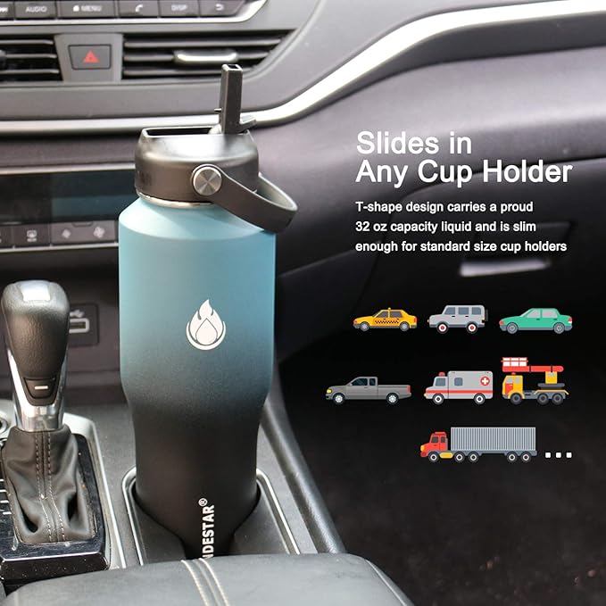SENDESTAR Water Bottle 32oz,2 Lids(Straw lid),Wide Mouth Stainless Steel Vacuum Insulated Double Wall Keep Liquids Cold or Hot All Day,Sweat Proof Sport Design,Fit Car Cup Holder(Dark blue&Balck)