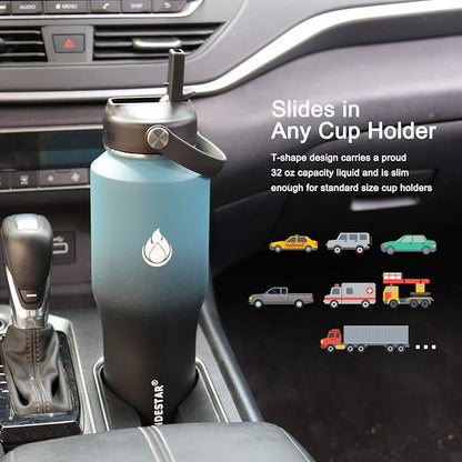 SENDESTAR Water Bottle 32oz,2 Lids(Straw lid),Wide Mouth Stainless Steel Vacuum Insulated Double Wall Keep Liquids Cold or Hot All Day,Sweat Proof Sport Design,Fit Car Cup Holder(Dark blue&Balck)