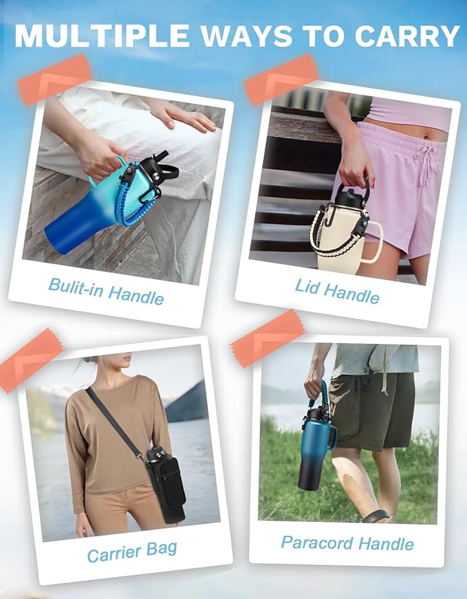 32oz 40oz Insulated Water Bottle with Handle, Leakproof Straw Lid, Pop-up Chug Lid, Paracord Handle and Storage Carrier Bag, Keep Cold 48h & Hot 24h, Slim Travel Tumbler Fit in Car Cup Holder