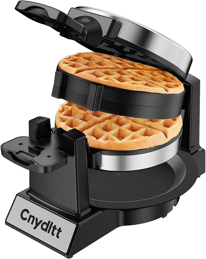 Double Waffle Maker, 1400W Rotating Belgian Waffle Iron with Nonstick Plates, 180° Flip, 8-Slice, Removable Drip Tray, Locking Lid & Cool Touch Handles, Stainless, Black