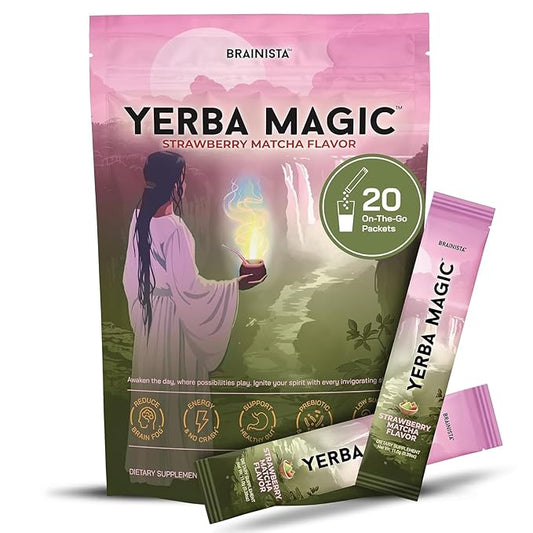 Yerba Magic Strawberry Matcha Instant Tea, 3-in-1 Super Drink - Clean Energy, Brain Fog Buster, and Gut Health Powered by Nootropics, Prebiotics and Probiotics | Yerba Mate 20 Stick Packs