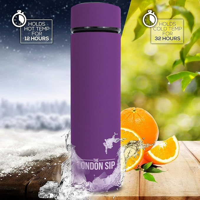 London Sip Multi-Purpose Travel Mug and Tumbler Fruit Infused Flask Hot and Cold Double Wall Stainless Steel Thermos with Extra-Long Infuser, Purple
