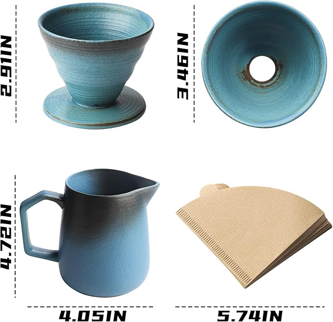 Pour Over Coffee Maker, Blue Ceramic Coffee Dripper 20oz/620ml, with 50 pcs V60 Paper Filter, Drip Coffee Brewer for Home & Café Enthusiasts, Vintage-Style