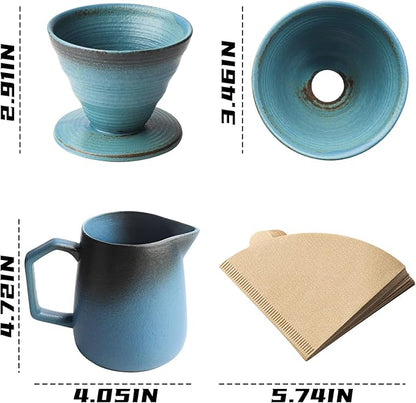Pour Over Coffee Maker, Blue Ceramic Coffee Dripper 20oz/620ml, with 50 pcs V60 Paper Filter, Drip Coffee Brewer for Home & Café Enthusiasts, Vintage-Style