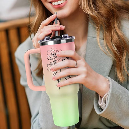 Personalized 40oz Tumbler with Handle and Straw, Custom Tumbler with Names & Birth Month Flower, Stainless Steel Travel Coffee Mug, Personalized Birthday Gifts For Women