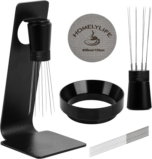 WDT Tools Espresso Puck Screen, 58mm Espresso Accessories Kit - 150μm Puck Screen Set, 0.25mm 316 Stainless Steel 8 Needles Coffee Distribution Stirrer, 58mm Portafilter Dosing Ring for Barista Black