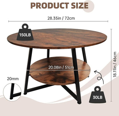 2-Tier Circle Coffee Table with Storage Modern Circular Coffee Table 28.35in Wood Rustic Table for Living Room, Small Space, Home Office, Easy Assembly (Rustic Brown)