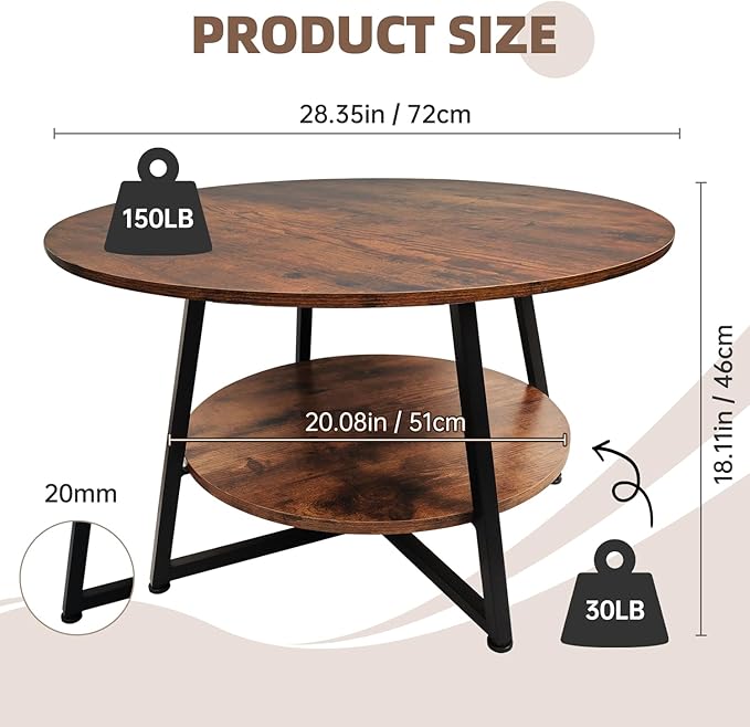 2-Tier Circle Coffee Table with Storage Modern Circular Coffee Table 28.35in Wood Rustic Table for Living Room, Small Space, Home Office, Easy Assembly (Rustic Brown)