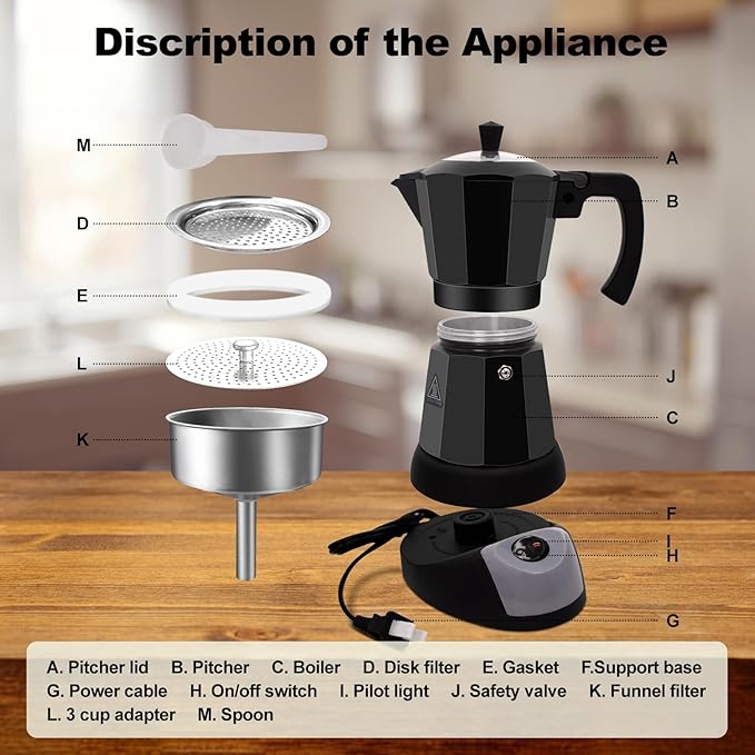 Electric Aluminum Moka Pot 5-6 Cup 270ml Espresso Maker with Detachable Base Ideal Coffee Makers for Home MochaPot Italian and Cuban Café Coffeemaker Espressomaker CoffeePot Black