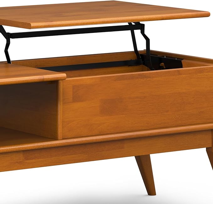 SIMPLIHOME Draper Lift Top Coffee Table - 48 inch Wide Solid Hardwood Mid-Century Modern Cocktail Table in Teak Brown, Functional Living Room Table with Storage Compartment, Open Shelf and Angled Legs