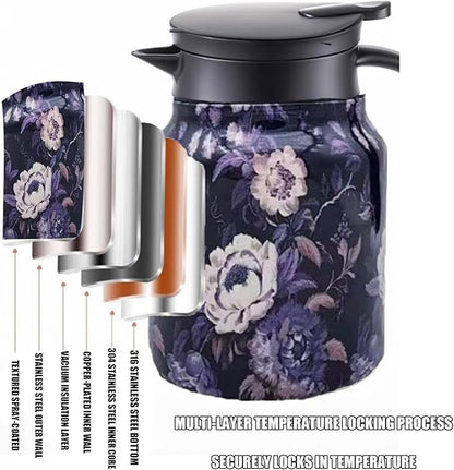 Infinite Tea Pot with Infuser, 316 Stainless Steel Infinite Vintage Floral Pattern Teapot Built-In Infuser, One-Handed Pour, Detachable Infinity Tea Pot Kettle for loose tea (Purple wood, 28Oz)