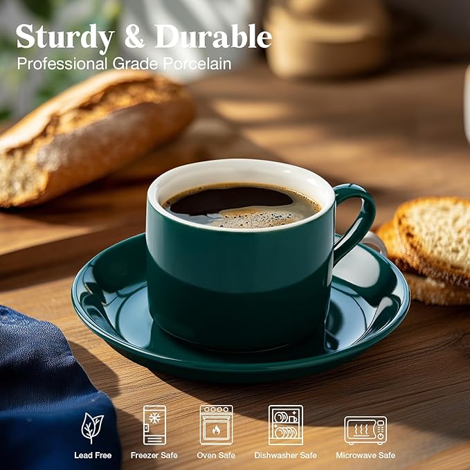 5 Ounce Green Porcelain Stackable Espresso Cups with Stainless Steel Holder, Set of 4, Durable Ceramic, Perfect for Home, Office or Gift