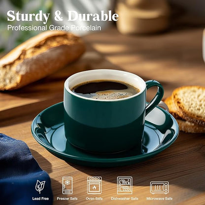 5 Ounce Green Porcelain Stackable Espresso Cups with Stainless Steel Holder, Set of 4, Durable Ceramic, Perfect for Home, Office or Gift