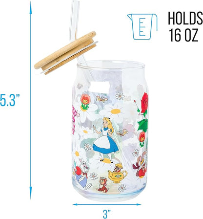 Silver Buffalo Disney Alice in Wonderland Featuring Cheshire Cat, White Rabbit, and Mad Hatter in Wild Flowers Glass Jar Tumbler with Bamboo Lid and Glass Straw, 16 Ounces