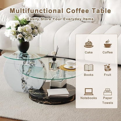 35 Inch Glass Coffee Table，Round Coffee Table with 2-Tier Tempered Glass Tabletop，Easy to Clean Circle Coffee Table with Sturdy Base for Living Room，Office (White & Black Marble Colored Base)