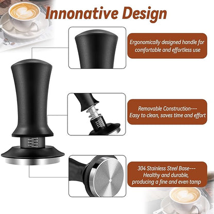Coffee Espresso Tamper 51mm with WDT Tool Calibrated Spring Loaded, Coffee Tamper with Silicone Tamper Mat,Black Espresso Distribution Tool,Stainless Steel Base Tamper for Espresso Coffee Machine