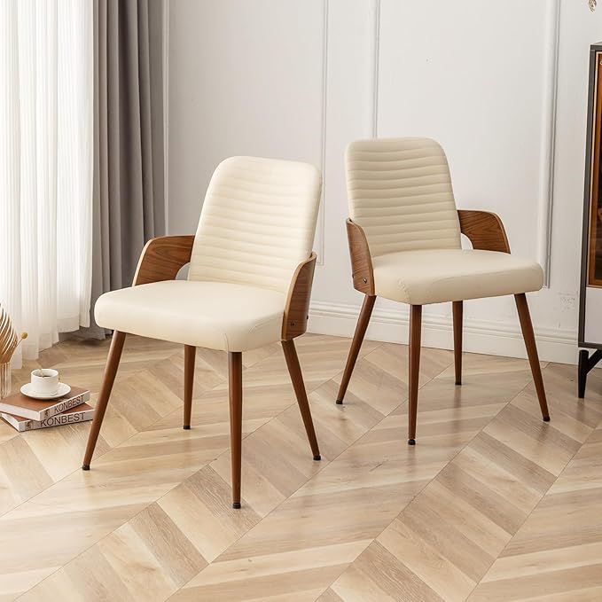 Dining Room Chairs Set of 2,Mid Century Modern Kitchen Chair,Upholstered Faux Leather Accent Chairs,Metal Legs Wooden Desk Chair,Armless and No Wheels for Kitchen Dining,Beige PU