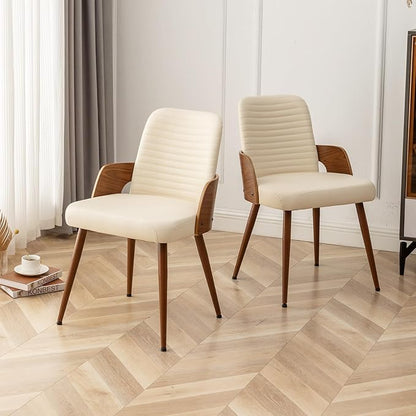 Dining Room Chairs Set of 2,Mid Century Modern Kitchen Chair,Upholstered Faux Leather Accent Chairs,Metal Legs Wooden Desk Chair,Armless and No Wheels for Kitchen Dining,Beige PU