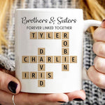 Load image into Gallery viewer, Family Forever Linked Together Custom Names Ceramic Mug, Crossword Puzzle Art, for Birthday, Anniversary or Special Occasions (Brothers &amp; Sisters Forever Linked Together White Mug Ver 2)