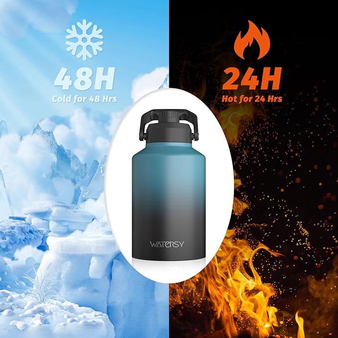 1 Gallon Water Bottle Insulated(Cold for 48 Hrs),BPA Free&Leak Proof,128oz Stainless Steel Water Jug,Big thermo,Large Water Bottle with Handle for Gym,Hiking,Camping&Travel,Lake Blue
