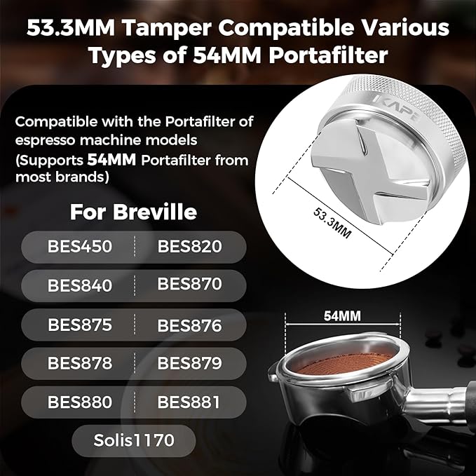 IKAPE Coffee Products, 53mm Coffee Distributor & Hand Tamper, Adjustable Depth Espresso Distributor Fits All 53mm Espresso Portafilter, Compatible with 54MM Breville Bottomless Portafilter (Silver)