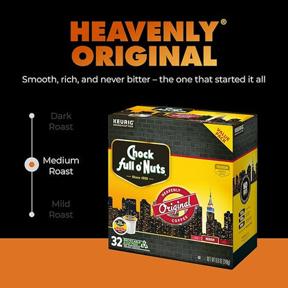 Chock full o’Nuts Heavenly Original Keurig K-Cup Pods for Keurig Brewers – Premium Arabica, Medium Roast – Single Serve – 1 Pack of 32 K-Cup Pods