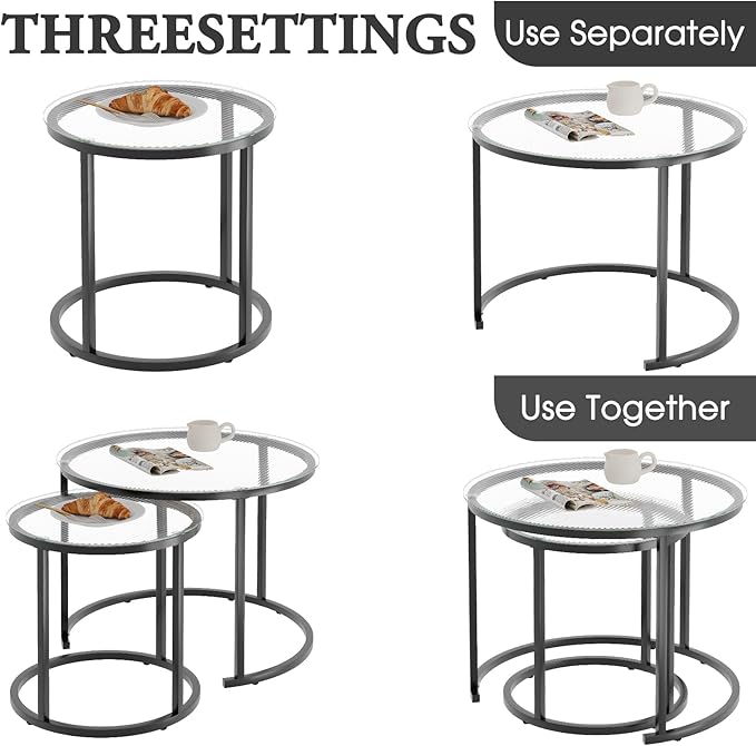 aboxoo Gold Nesting Coffee Table Set of 2, Small Glass Round Nesting Tables for Living Room Bedroom, Accent Tea Table with Black Metal Frame Modern Industrial Simple