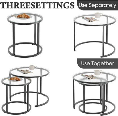 aboxoo Gold Nesting Coffee Table Set of 2, Small Glass Round Nesting Tables for Living Room Bedroom, Accent Tea Table with Black Metal Frame Modern Industrial Simple