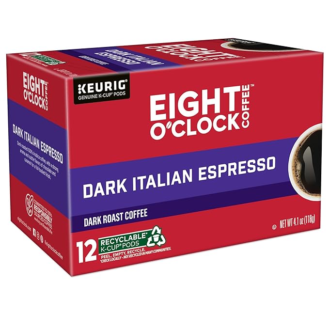 Eight O'Clock Coffee Dark Italian Espresso Roast, Keurig Single Serve K-Cup Pods, Dark Roast, 12 Count (Pack of 6)