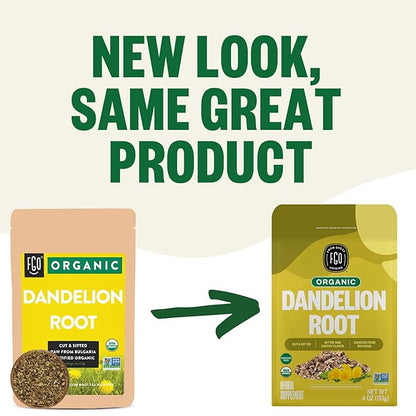 FGO Organic Dandelion Root, Cut and Sifted Loose Tea, 4 Ounce Resealable Bag, Packaging May Vary (Pack of 1)