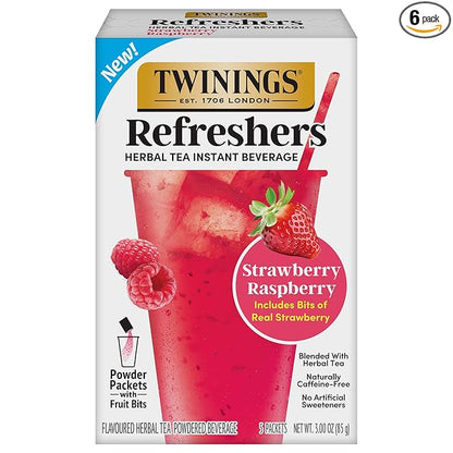 NEW Twinings Strawberry Raspberry Refreshers, Herbal Tea Instant Beverage with Real Strawberry Fruit Bits, 5 Count (Pack of 1), Café Style, No Artificial Sweeteners, Naturally Caffeine-Free, 5 Packets
