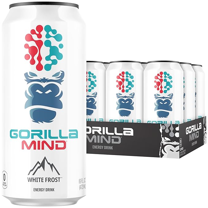 Gorilla Mind Energy Drink | Unmatched Energy · Amplified Focus | N-Acetyl-L-Tyrosine, Alpha-GPC, 200mg Caffeine, Uridine, Saffron | 0 Sugar Or Artificial Colors | 16oz, 12-Pack (White Frost)