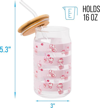 Silver Buffalo Sanrio Hello Kitty Strawberry Milk Pink Glass Jar Tumbler with Bamboo Lid and Glass Straw, 16 Ounces