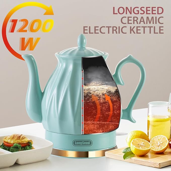 Ceramic Electric Kettle, 1.5L/1200W Boil Water Quickly and Easily with Boil-Dry Protection Auto Shut Off, Detachable Swivel Base, Diamond Cut Glazed