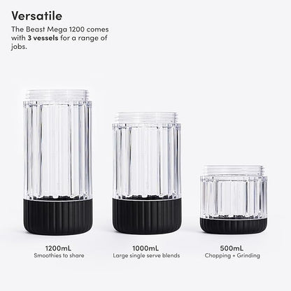 Beast Mega 1200 Plus | Premium Countertop Blender | Smoothies, Shakes, Sauces, Dips, Soups | Blends Ice and Frozen Fruit | XL Vessel | With Extra Vessels, Straw System | 1200W | (Carbon Black, 120V)