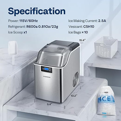 VIVOHOME Nugget Ice Maker Countertop, Pebble Ice Maker Machine with 44lbs/Day, Portable Soft Chewable Ice Maker with Self-Cleaning, Scoop, 10PCs Ice Bags for Home, Kitchen, Camping, RVs