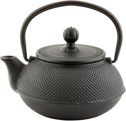 Restaurantware Tetsubin 20 Ounce Cast Iron Teapot 1 Hobnail Iron Teapot - With Strainer Retains Heat Black Cast Iron Japanese Tea Kettle Curved Handle