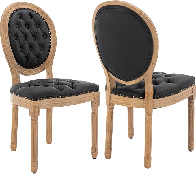 French Country Dining Chairs Set of 2, Black Upholstered Dining Chairs, PU Leather Tufted Back, Solid Wood Legs, Farmhouse Kitchen & Dining Room Chairs, Sillas De Comedor (Black, 2Pcs)