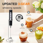 Load image into Gallery viewer, YUSWKO Black Handheld Milk Frother Wand with Stand for Coffee, Rechargeable Electric Whisk with 3 Heads 3 Speeds Drink Mixer Coffee Frother For Latte, Cappuccino, Hot Chocolate, Egg