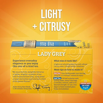 Twinings Lady Grey Black Tea Individually Wrapped Bags, 20 Count (Pack of 6), Orange & Lemon Peel with a Hint of Bergamot, Caffeinated, Enjoy Hot or Iced, 120 Teabags