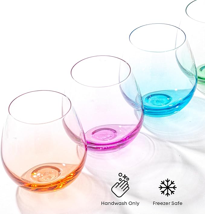 JoyJolt Hue Stemless Wine Glass Set, Large 15 oz Stemless Wine Glasses Set of 6 for White Red or Water, Short Glass Tumblers, No Stem Margarita Glasses, Colored Tumbler