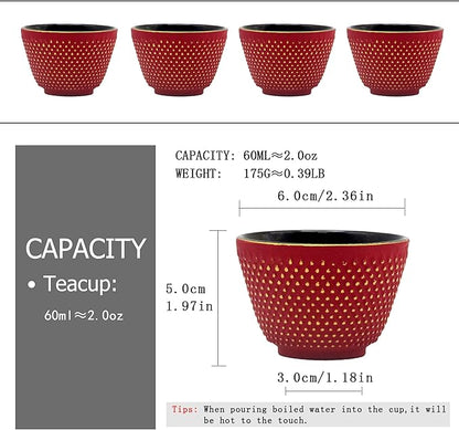 Japanese Cast Iron Tea Cups, Small and Heavy Teacups with no Handles, Japanese Style Cups for Adults, Asian Teacup, Coated with Enameled Interior, 4 Pcs/Box (Red, 2oz/60ml)