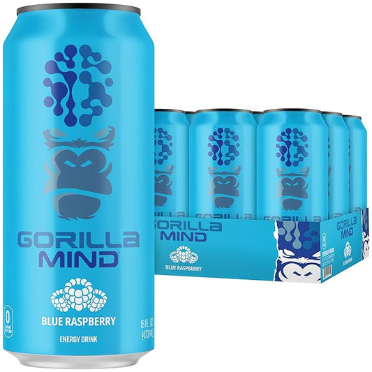 Gorilla Mind Energy Drink | Unmatched Energy · Amplified Focus | N-Acetyl-L-Tyrosine, Alpha-GPC, 200mg Caffeine, Uridine, Saffron | 0 Sugar Or Artificial Colors | 16oz, 12-Pack (Blue Raspberry)