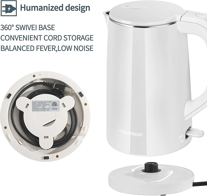 1.7L Electric Kettle Quiet, Double Wall Hot Water Boiler BPA-Free, Quiet Boil and Cool Touch Tea Kettle, Cordless with Auto Shut-Off & Boil Dry Protection, 1500W Fast Boiling, White