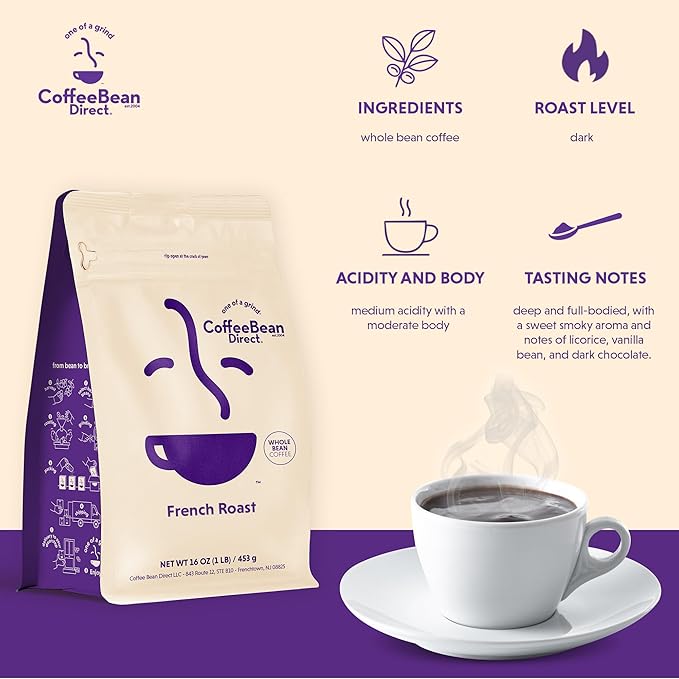 Coffee Bean Direct French Roast, Whole Bean Coffee, Dark Roast, 1 Pound Bag (Pack of 1)
