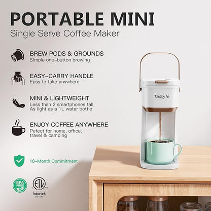 Single Serve One Cup Coffee Maker, for K Cups and Grounds, Mini Coffee Maker with Portable Handle, 6 to 12 Oz Brew Size, for Travel, Camping, Office, RV and Dorm, 120V, White and Brown
