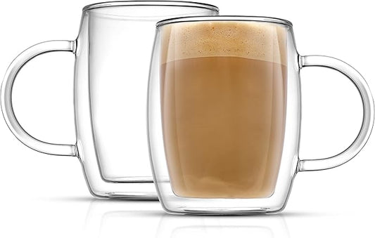 JoyJolt Double Wall Glasses 13.5-Ounce Insulated Mugs Double Walled Glass Cups For Coffee Tea Set of 2