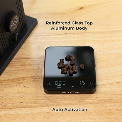 Minipress Coffee Scale, Auto Timer for Espresso and Pour-Over Coffee, Aluminum Body & Glass Top